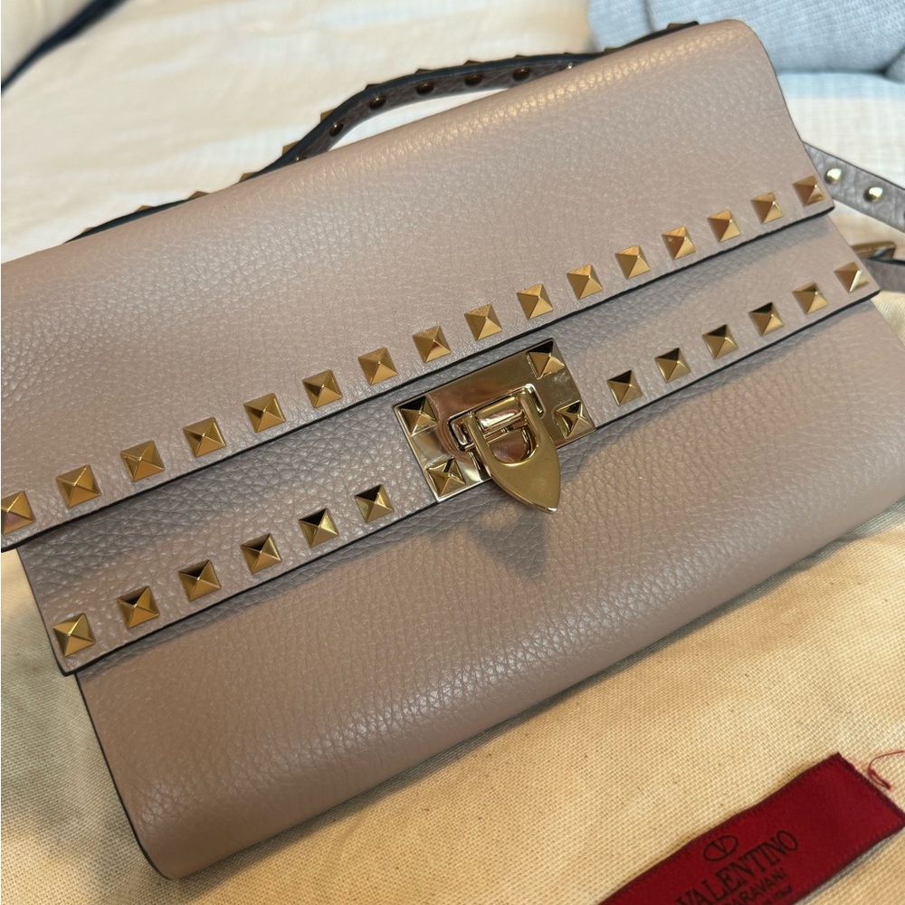 Valentino Taupe Leather Crossbody with Gold Studs